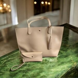 Hoxis Women’s Minimalist Vegan Leather Tote Handbag with Wallet Beige NWOT